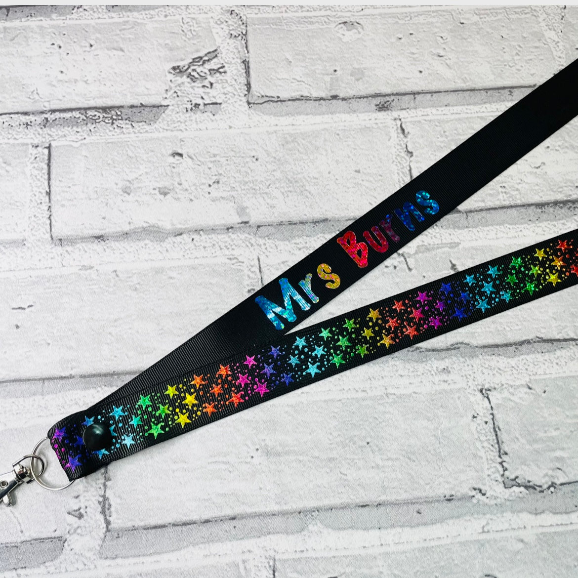 Black Holo Stars Print Personalised Lanyard