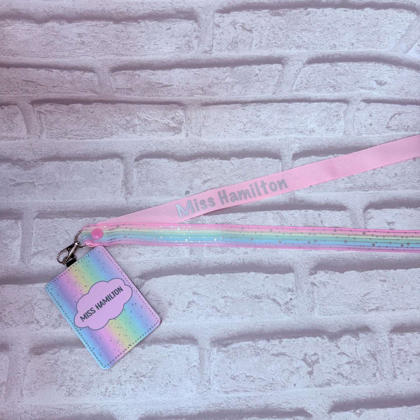 Pastel Rainbow Silver Stars Print Personalised Lanyard & ID Card Holder Duo