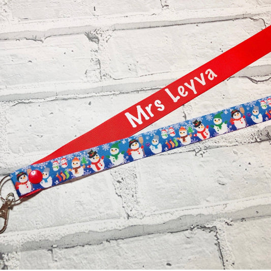 Christmas Blue Snowman Print Personalised Lanyard