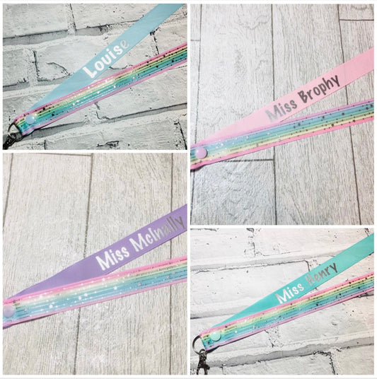 Pastel Rainbow Silver Stars Personalised Lanyard