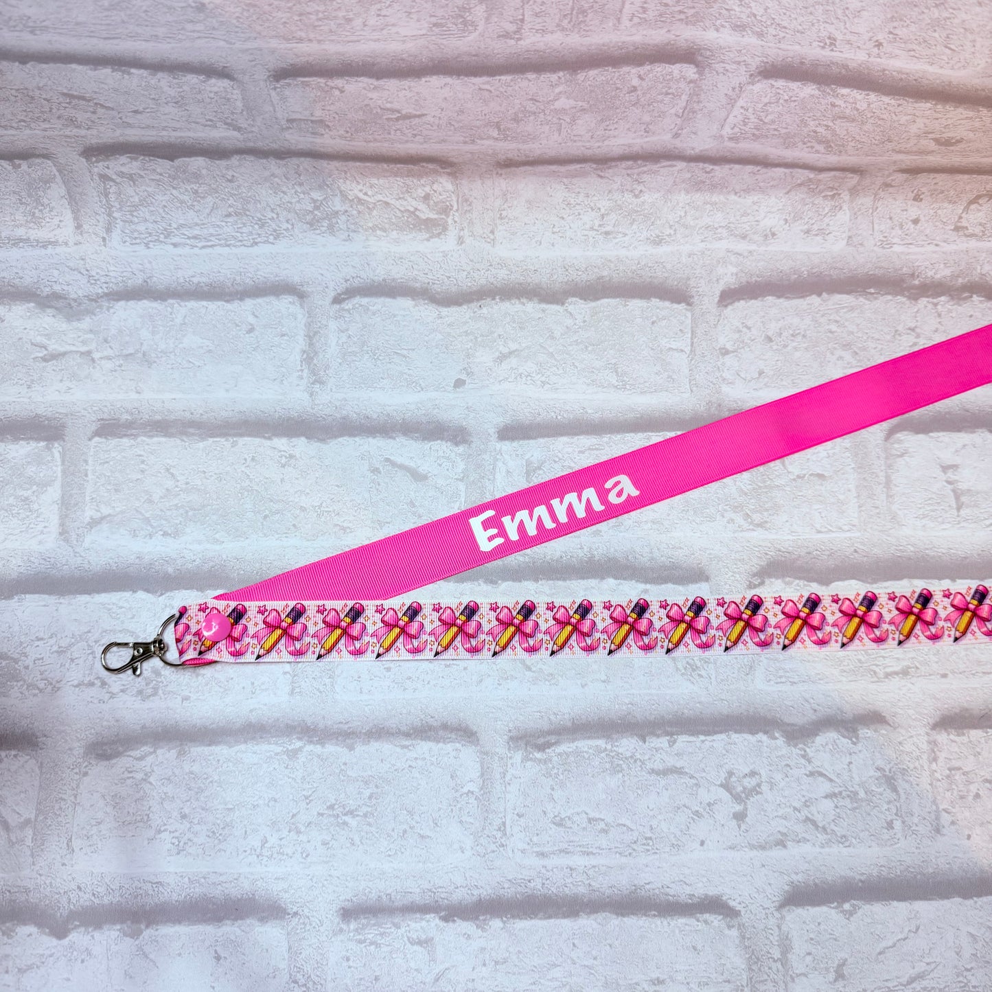 Pink Bow Pencils Print Personalised Lanyard