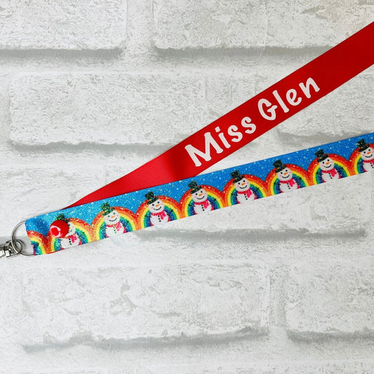 Christmas Rainbow Glitter Snowman Print Personalised Lanyard