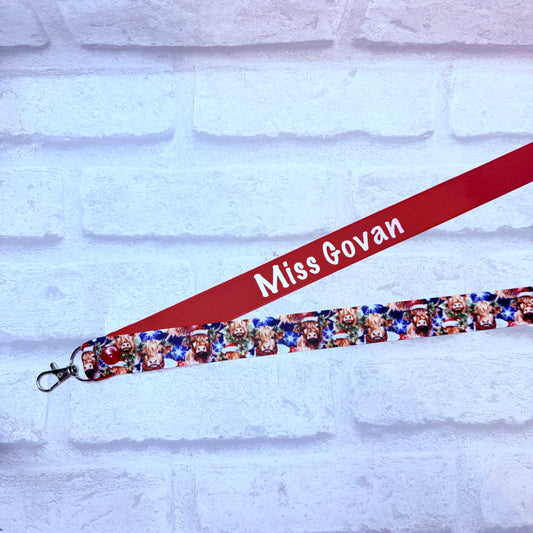 Christmas Highland Cow Print Personalised Lanyard