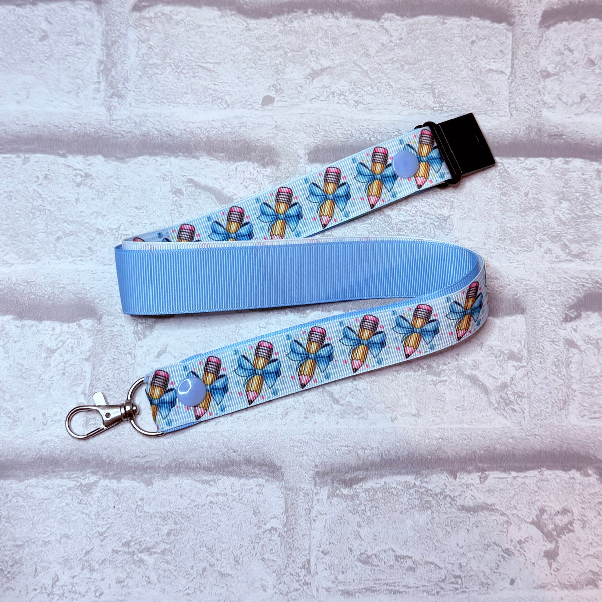 Blue Bow Pencils Print Personalised Lanyard & ID Card Holder Duo