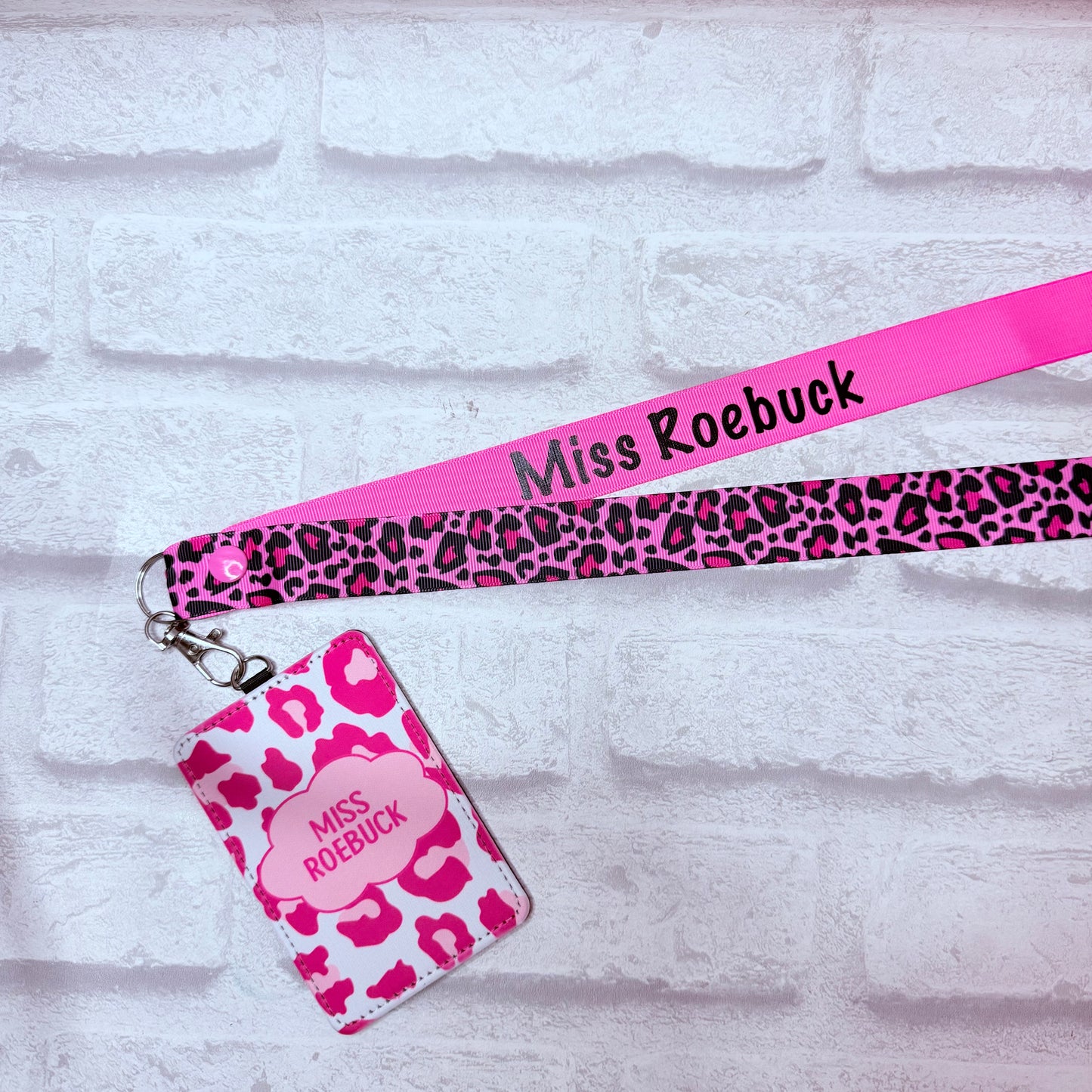Pink Leopard Print Personalised Lanyard & ID Card Holder Duo