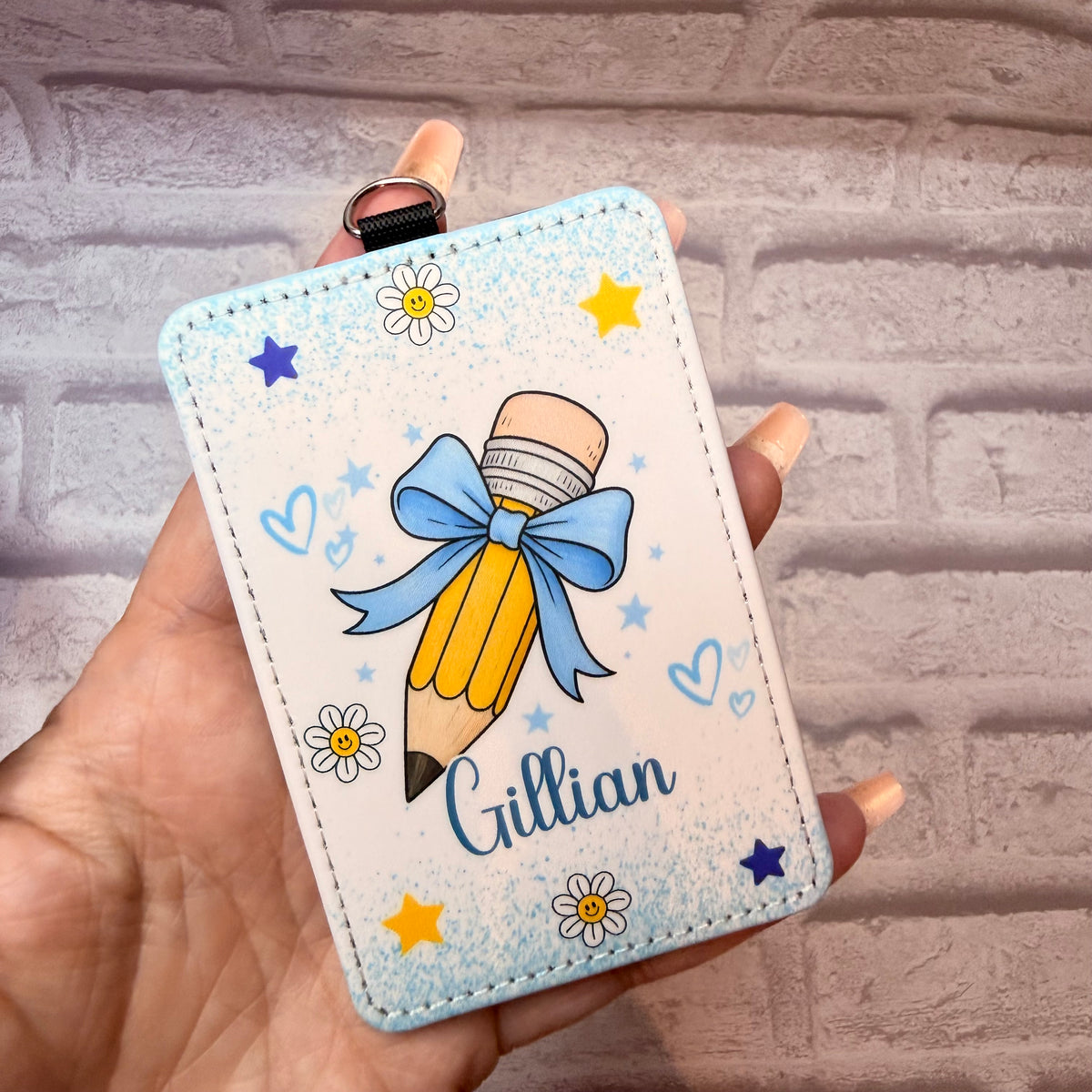 Blue Bow Pencils Print Personalised Lanyard & ID Card Holder Duo