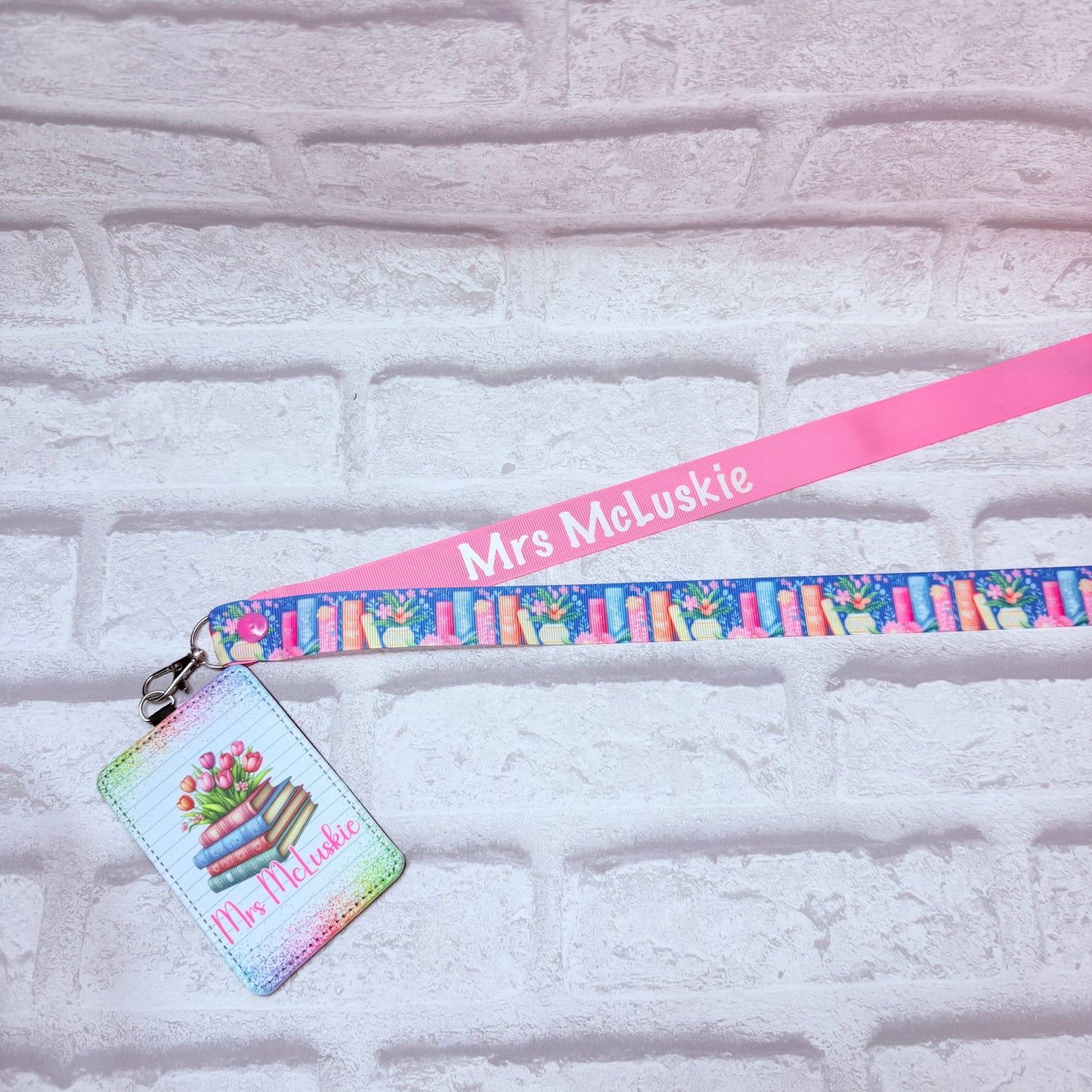 Pastel Floral Books Print Personalised Lanyard & ID Card Holder Duo