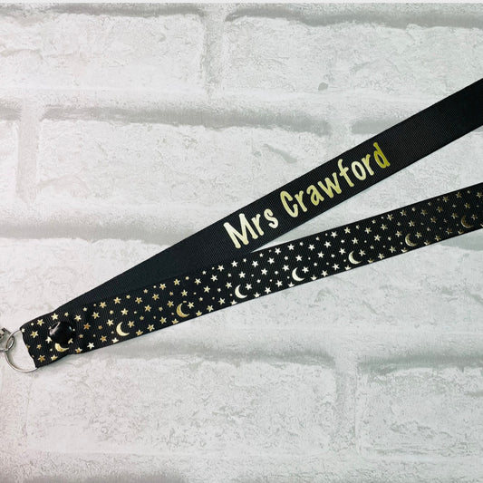 Black Moon & Star Print Personalised Lanyard