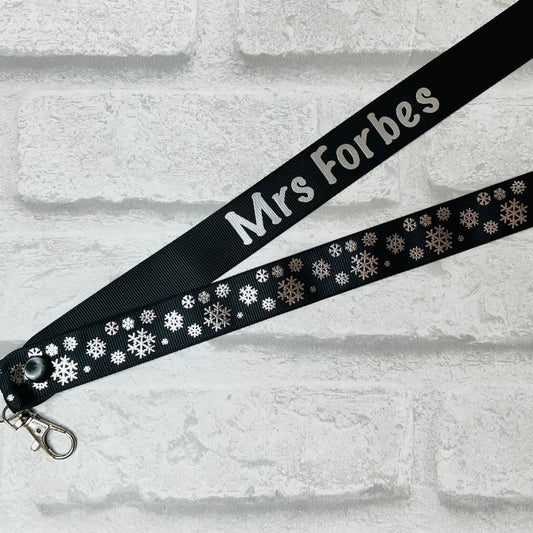 Christmas Black Silver Snowflake Print Personalised Lanyard