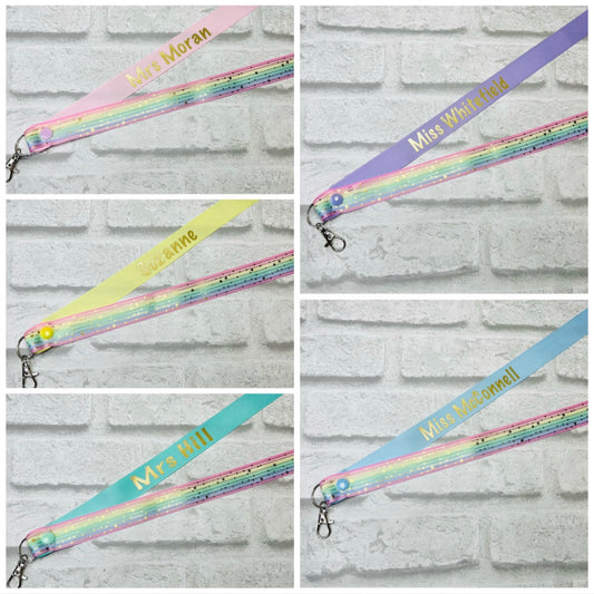 Pastel Rainbow Gold Stars Personalised Lanyard