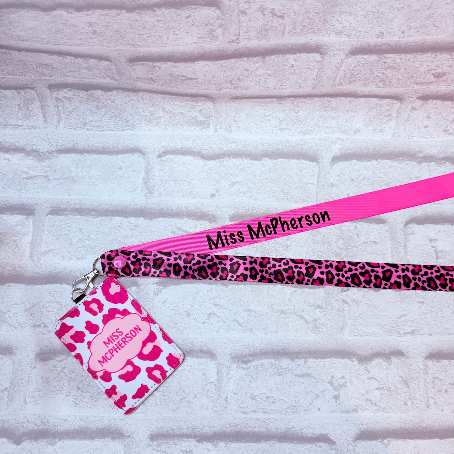 Pink Leopard Print Personalised Lanyard & ID Card Holder Duo