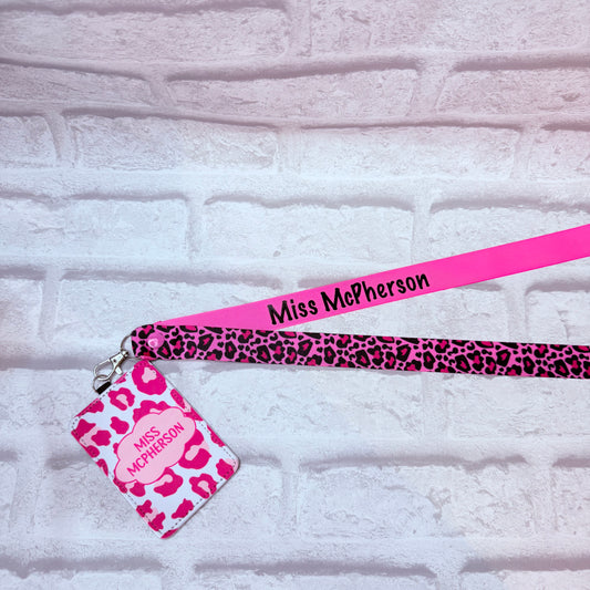Pink Leopard Print Personalised Lanyard & ID Card Holder Duo
