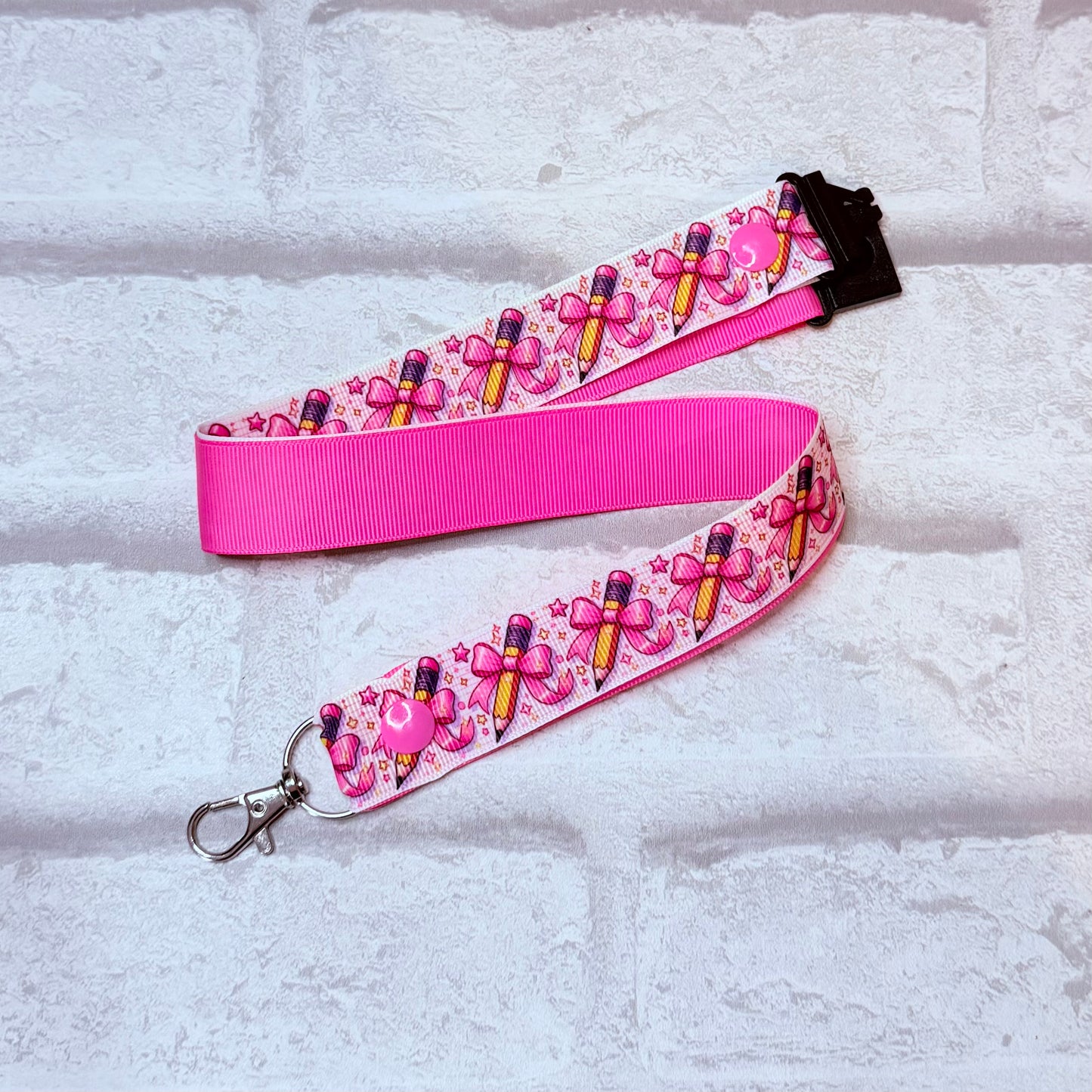 Pink Bow Pencils Print Personalised Lanyard