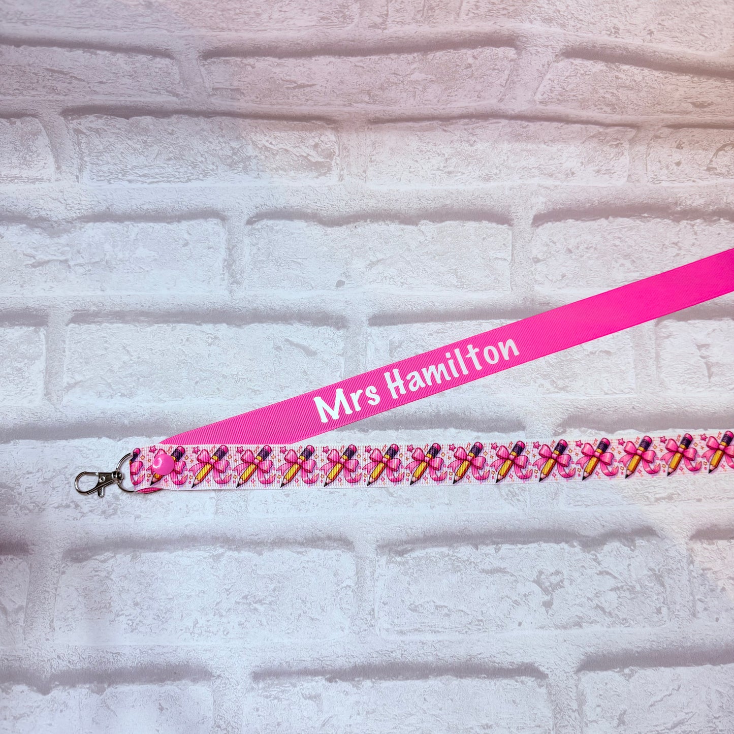 Pink Bow Pencils Print Personalised Lanyard