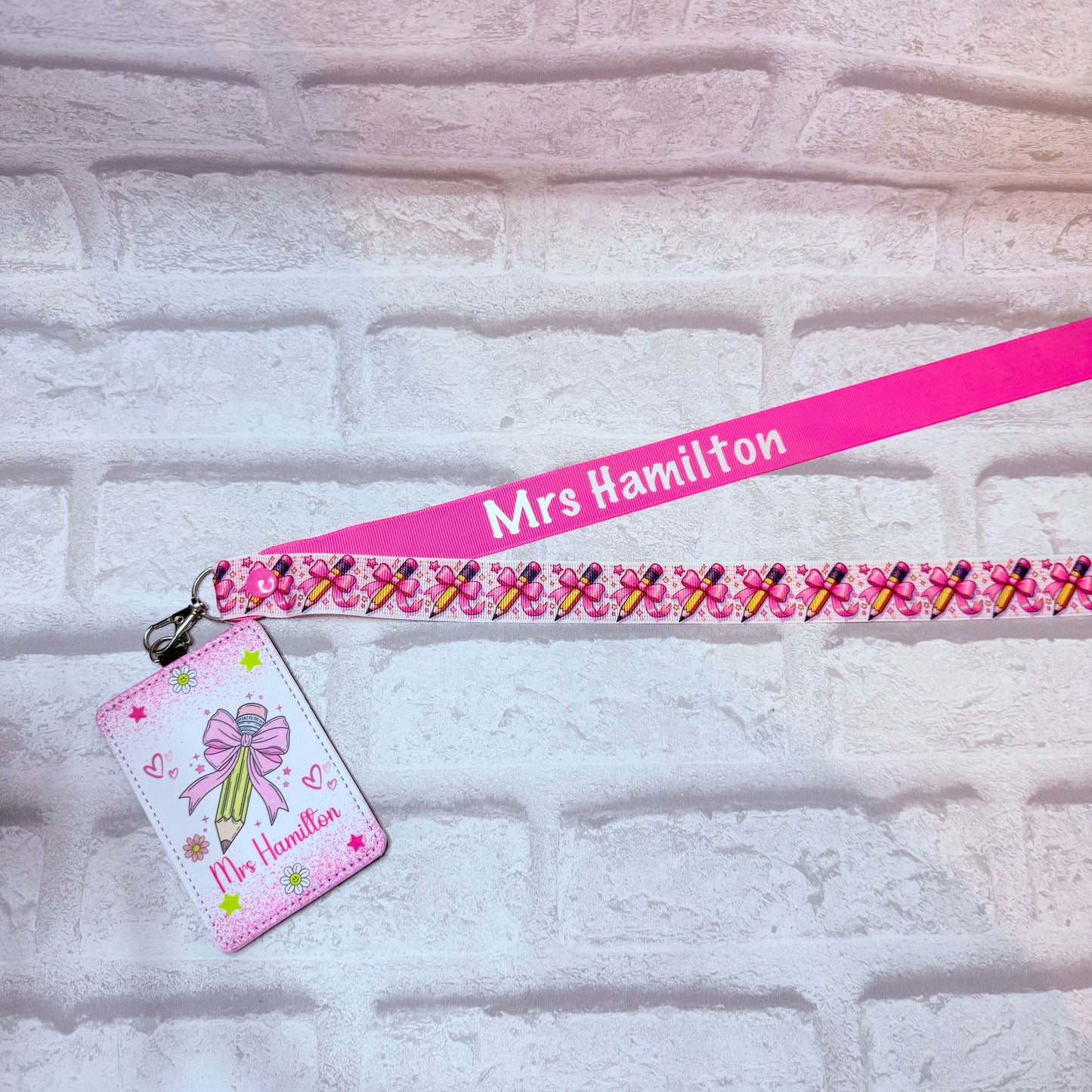 Pink Bow Pencils Print Personalised Lanyard & ID Card Holder Duo