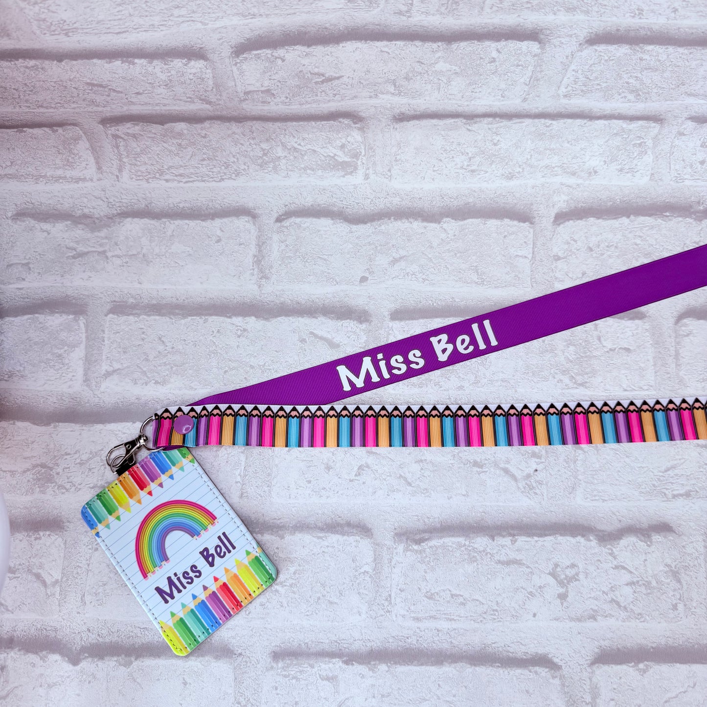 New Rainbow Pencils Print Personalised Lanyard & ID Card Holder Duo - Block