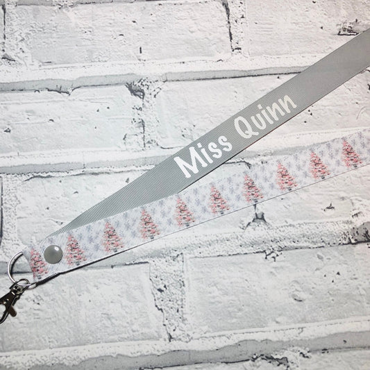 Pink Christmas Tree Print Personalised Lanyard