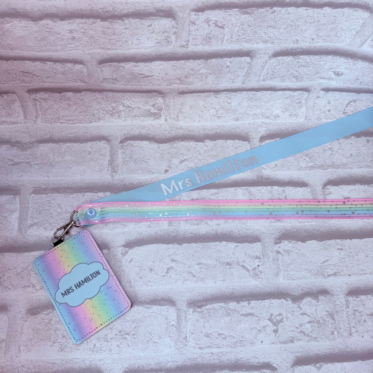 Pastel Rainbow Silver Stars Print Personalised Lanyard & ID Card Holder Duo