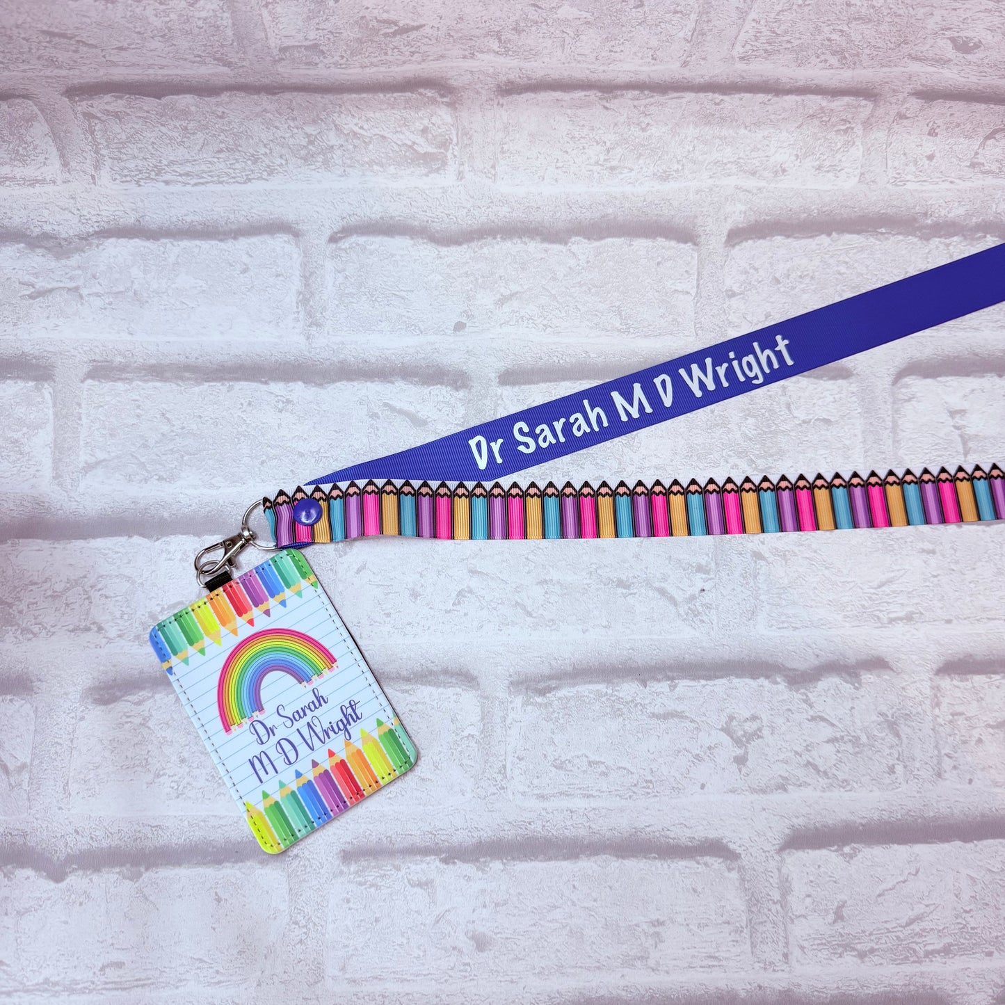 New Rainbow Pencils Print Personalised Lanyard & ID Card Holder Duo - Cursive