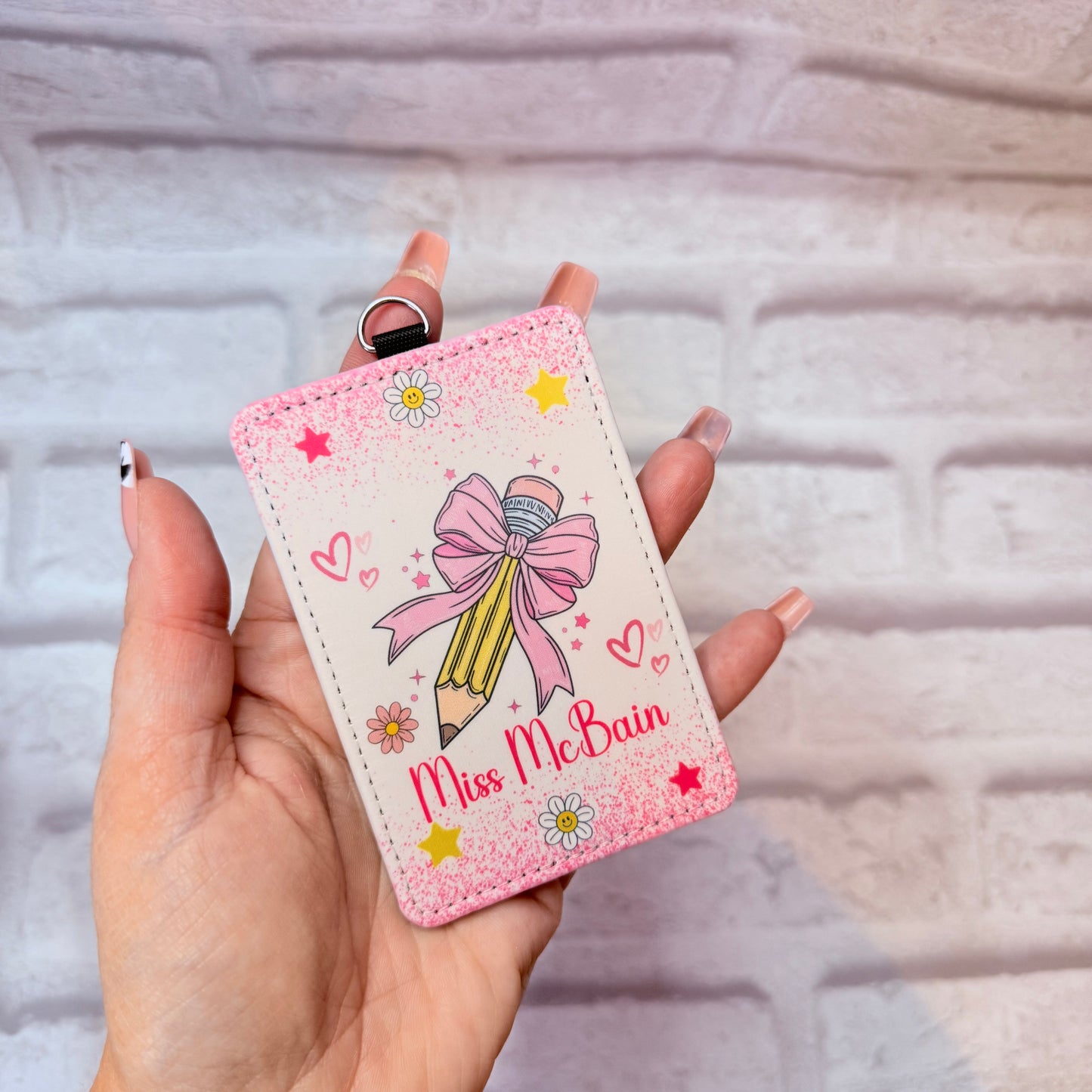Pink Bow Pencils Print Personalised Lanyard & ID Card Holder Duo