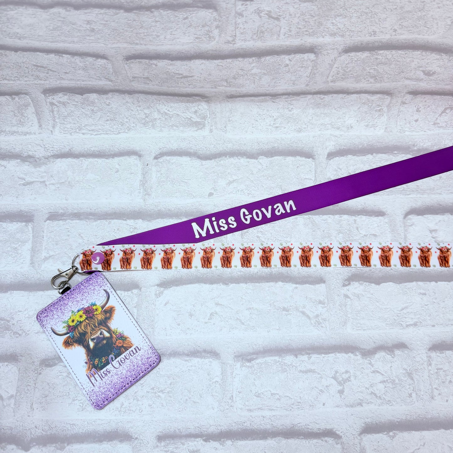 Highland Cow Print Personalised Lanyard & ID Card Holder Duo