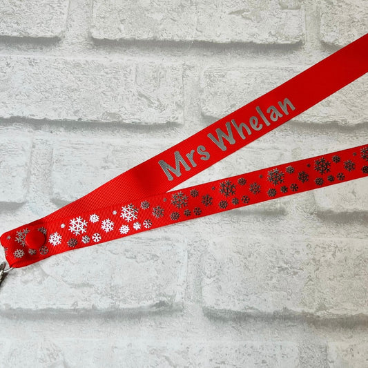Christmas Red Silver Snowflake Print Personalised Lanyard