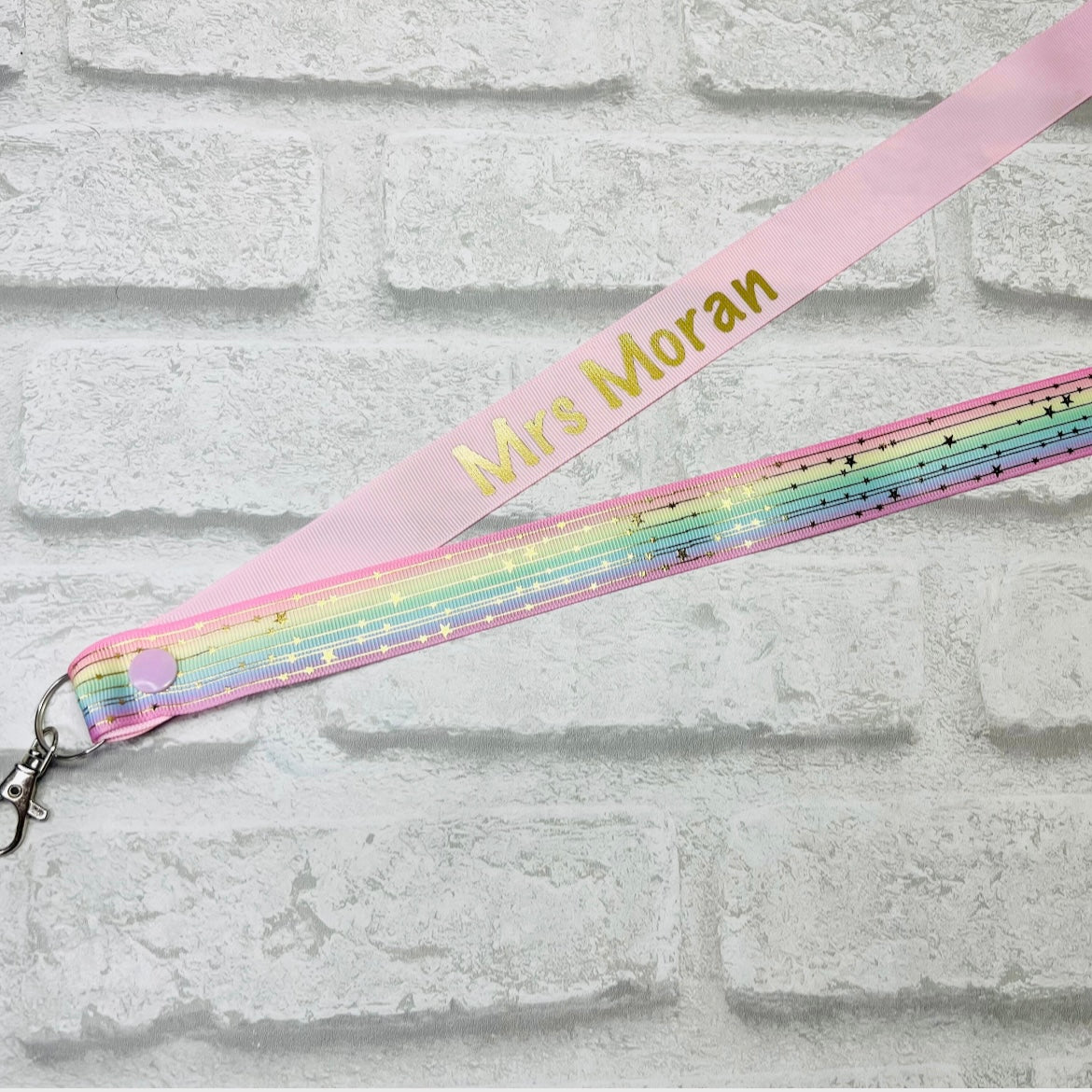 Pastel Rainbow Gold Stars Personalised Lanyard